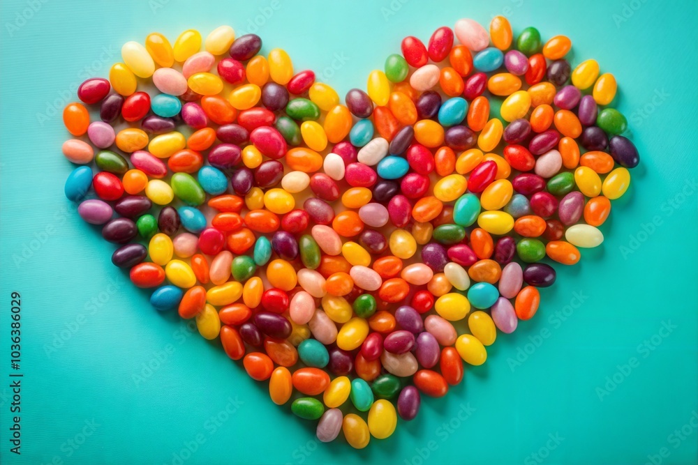 Colorful jelly beans arranged in heart shape on blue Colorful jelly beans arranged in heart shape on blue