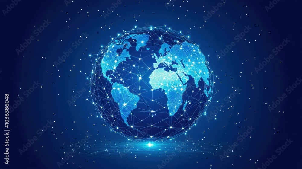 A digital representation of the Earth with glowing connections and particles on a dark background. A digital representation of the Earth with glowing connections and particles on a dark background.