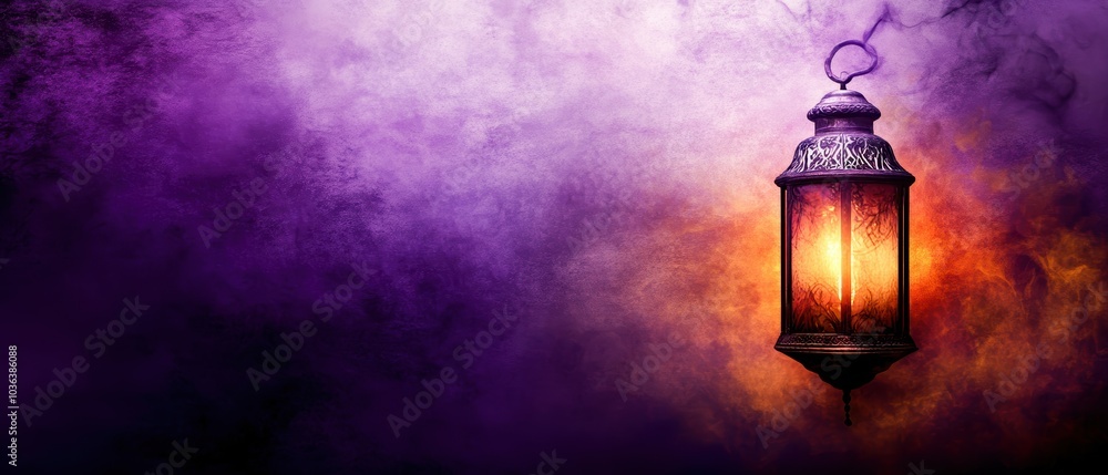 A beautifully lit lantern against a mystical purple fog background, adding a sense of warmth and ambiance. A beautifully lit lantern against a mystical purple fog background, adding a sense of warmth and ambiance.