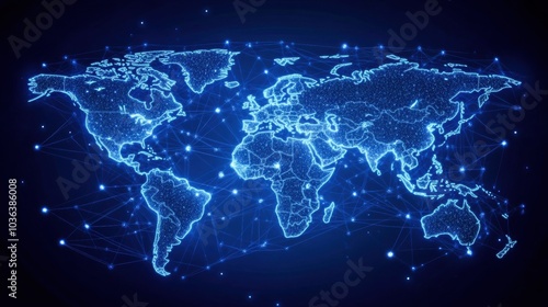 A digital world map with glowing connections representing global communication and technology.