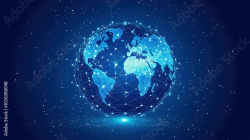 A digital representation of the Earth with glowing connections and particles on a dark background.