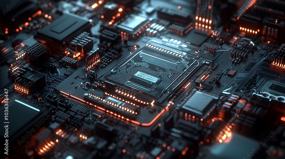 Close-up of a Glowing Circuit Board with a Processor Chip Close-up of a Glowing Circuit Board with a Processor Chip