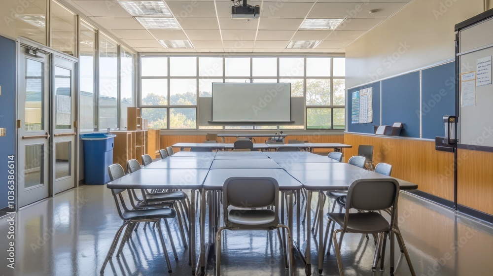 A classroom divided into groups for a collaborative project, highlighting teamwork and learning A classroom divided into groups for a collaborative project, highlighting teamwork and learning