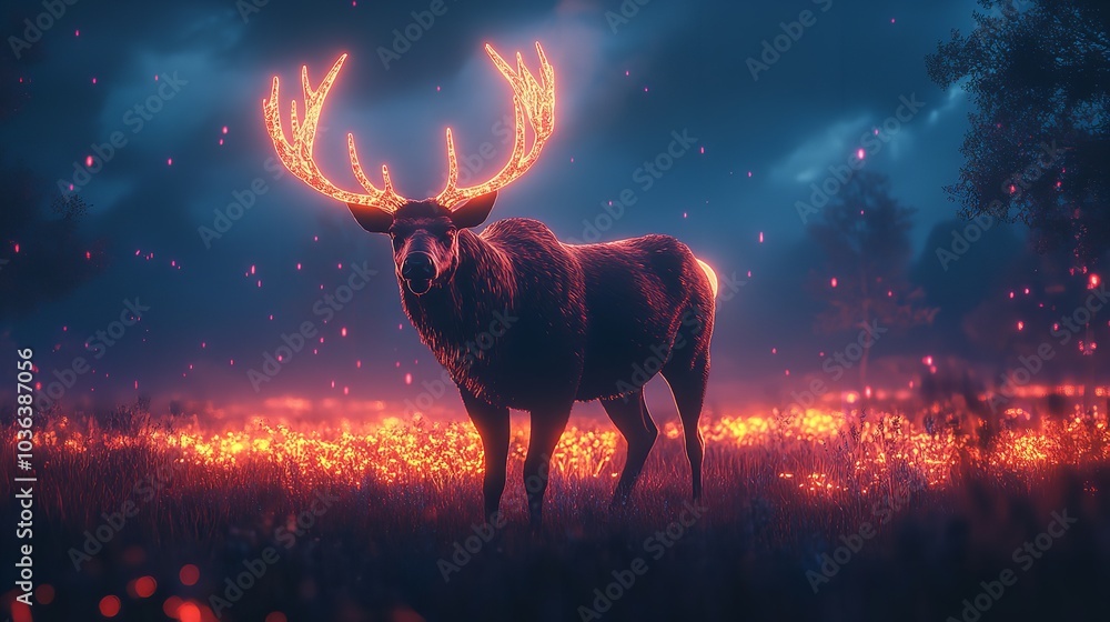 3D Majestic Bull Elk with Glowing Antlers Standing in a Mystical Forest