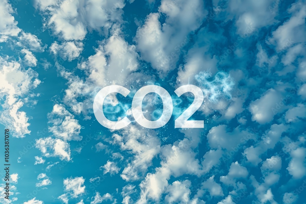 CO2 chemical formula is written in clouds on a blue sky background. Carbon dioxide emissions. MZ CO2 chemical formula is written in clouds on a blue sky background. Carbon dioxide emissions. MZ