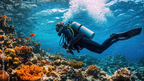 Fototapeta Naklejka Na Ścianę i Meble -  A scuba diver exploring a coral reef underwater, showcasing adventure and marine life