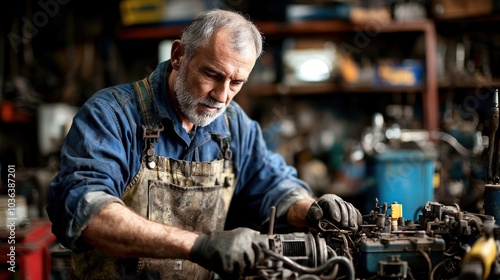 A mechanic dismantling an engine in a workshop, illustrating repair work and technical expertise