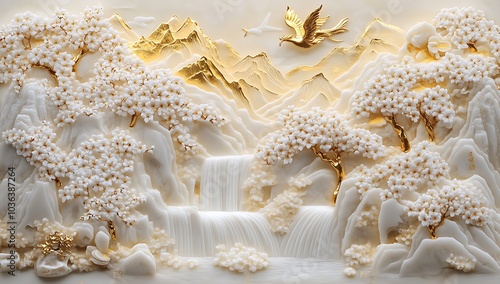 Serene Golden Landscape With Blossoming Trees And Waterfalls,Elegant artistic depiction of a tranquil landscape, featuring golden mountains, white blossom trees, and serene waterfalls.