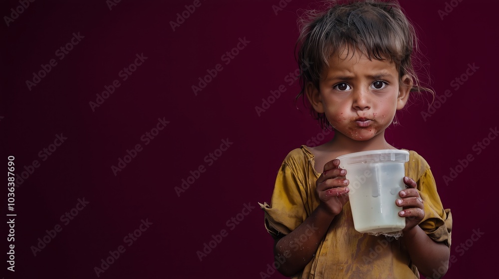 Grateful Child in Ragged Clothes Holding Container Grateful Child in Ragged Clothes Holding Container
