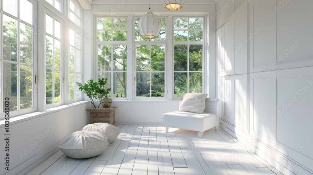 Minimalist sunroom nook, soft lighting Minimalist sunroom nook, soft lighting