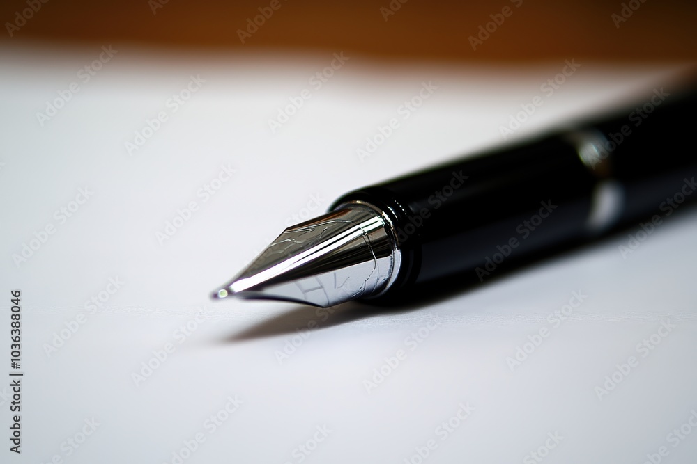Elegant fountain pen on white paper symbolizing writing and creativity in artistry Elegant fountain pen on white paper symbolizing writing and creativity in artistry