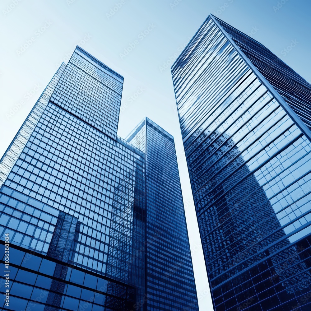 Modern skyscrapers reaching for the sky in urban landscape of glass and steel Modern skyscrapers reaching for the sky in urban landscape of glass and steel