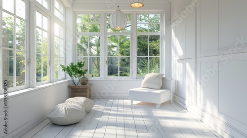 Minimalist sunroom nook, soft lighting