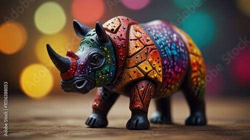 A colorful, wooden rhinoceros figurine stands on a wooden surface with a bokeh background.