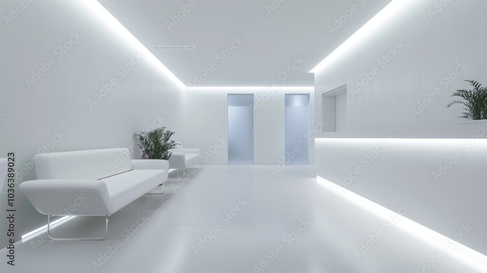 Minimalist waiting area, soft lighting Minimalist waiting area, soft lighting