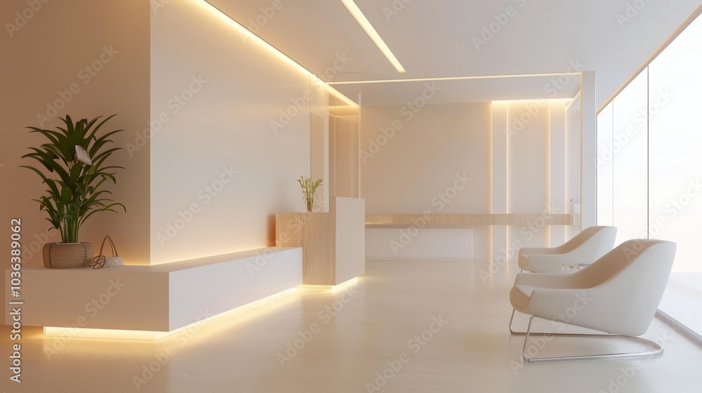 Minimalist waiting area, soft lighting Minimalist waiting area, soft lighting