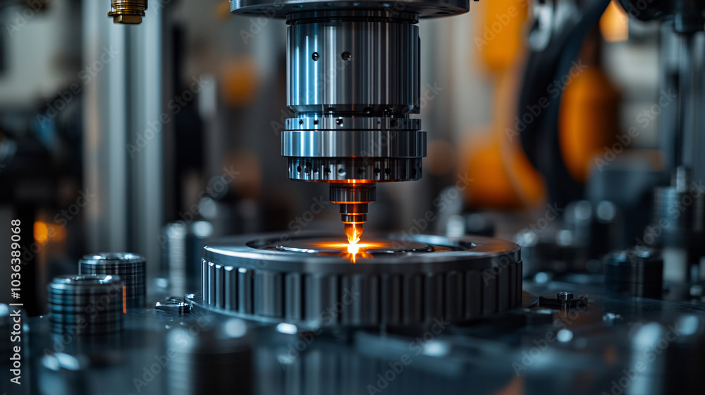 A laser cutting machine focuses on a metal surface, glowing orange as it works meticulously in a modern, industrial workspace A laser cutting machine focuses on a metal surface, glowing orange as it works meticulously in a modern, industrial workspace