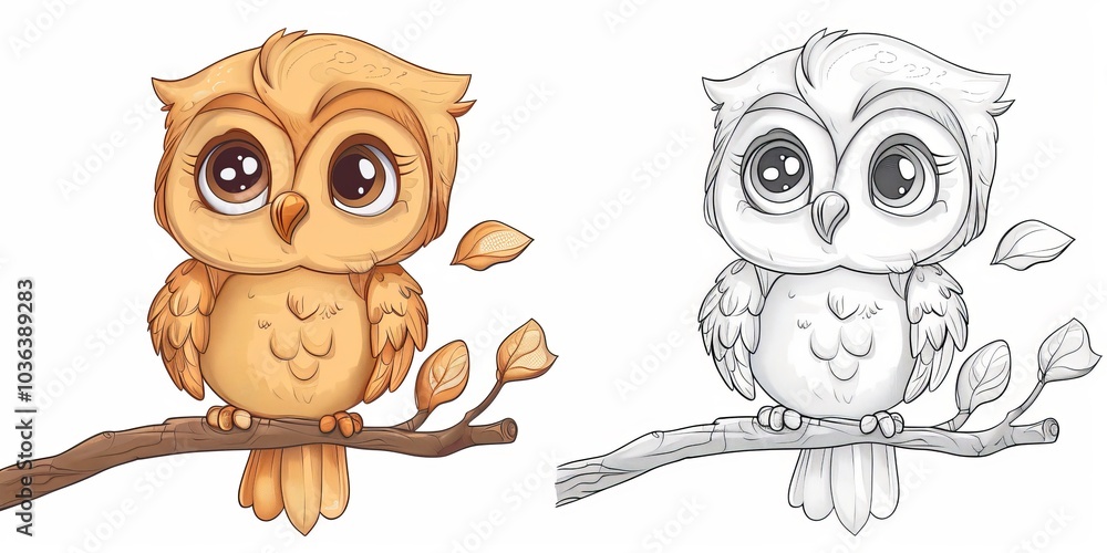 Cute cartoon owl with big eyes perched on a branch, ready for coloring. Cute cartoon owl with big eyes perched on a branch, ready for coloring.