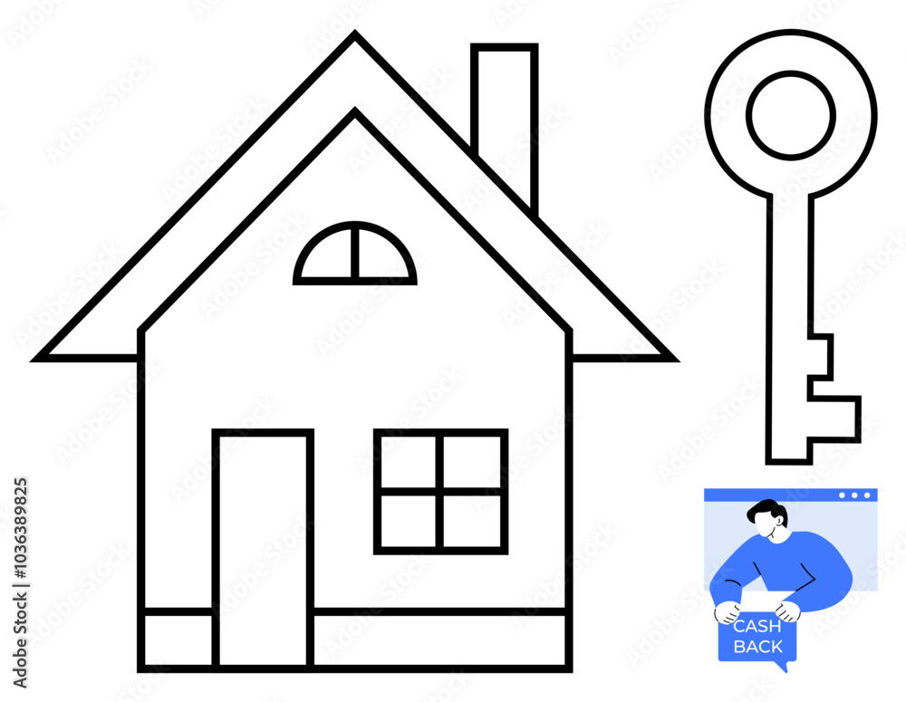 Simple outlined house and large key with a small illustration of a person holding a cash back notice. Ideal for real estate, home ownership, finance, property investment, and mortgage services Simple outlined house and large key with a small illustration of a person holding a cash back notice. Ideal for real estate, home ownership, finance, property investment, and mortgage services