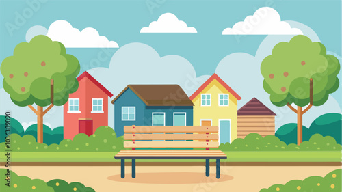 In the heart of the suburban neighborhood a community friendship bench offers a quiet spot for residents to connect and build a sense of community.. Vector illustration