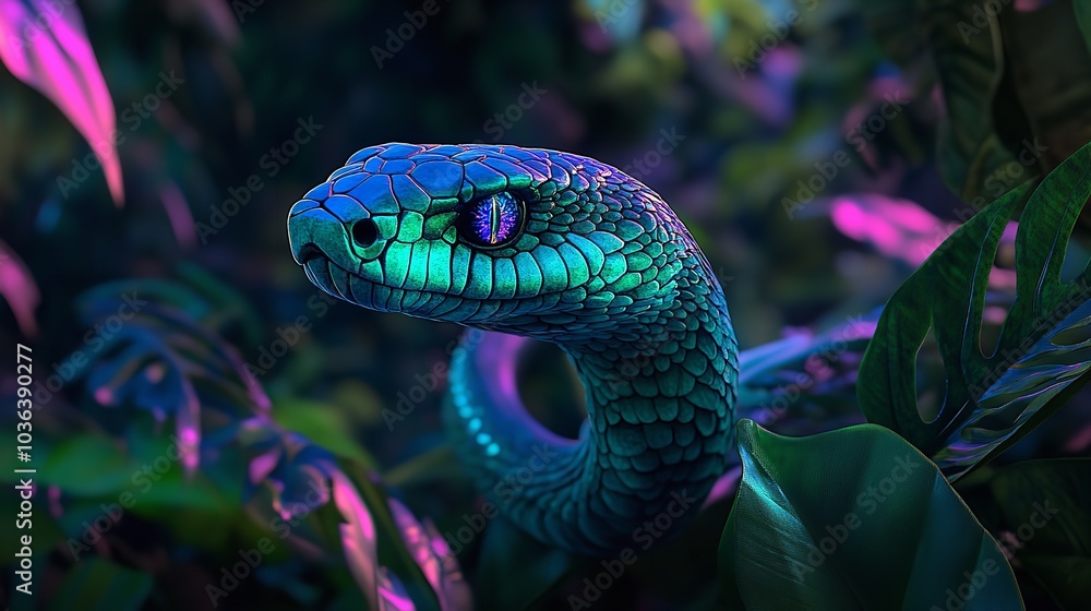 Fototapeta premium Striking 3D Radiant Cobra with Glowing Emerald Scales Curled Gracefully Amidst a Pastel Colored Jungle Setting