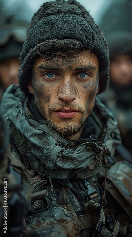 Close-Up Portrait of a Determined Soldier in Camouflage Close-Up Portrait of a Determined Soldier in Camouflage