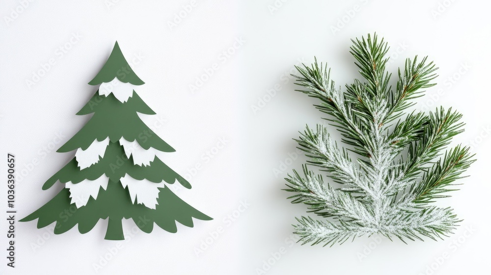 A minimalist Christmas tree paper cutout on the left, with a blank white background and room for holiday wishes on the right. A minimalist Christmas tree paper cutout on the left, with a blank white background and room for holiday wishes on the right.