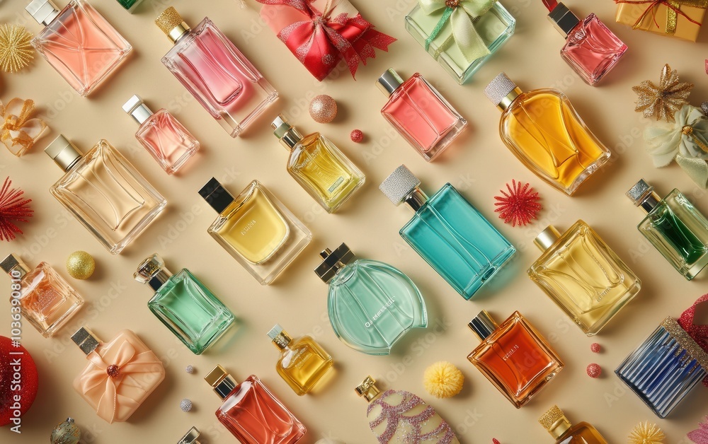 A chic flat lay of assorted perfume and eau de toilette bottles, arranged on a beige background, featuring an appealing array of multicolored bottles A chic flat lay of assorted perfume and eau de toilette bottles, arranged on a beige background, featuring an appealing array of multicolored bottles