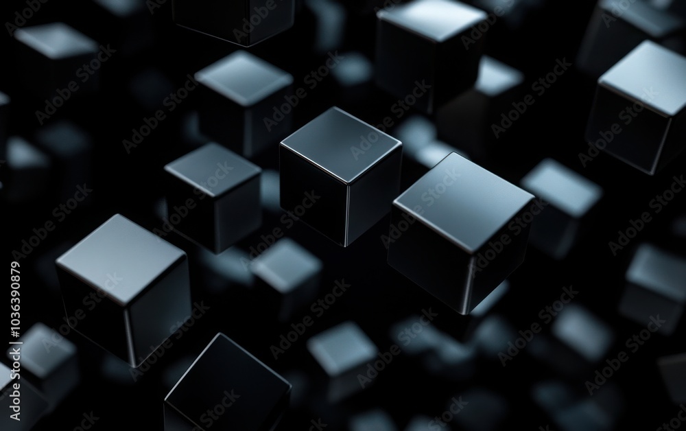 A dynamic 3D render of abstract geometric blocks, floating on a black background A dynamic 3D render of abstract geometric blocks, floating on a black background