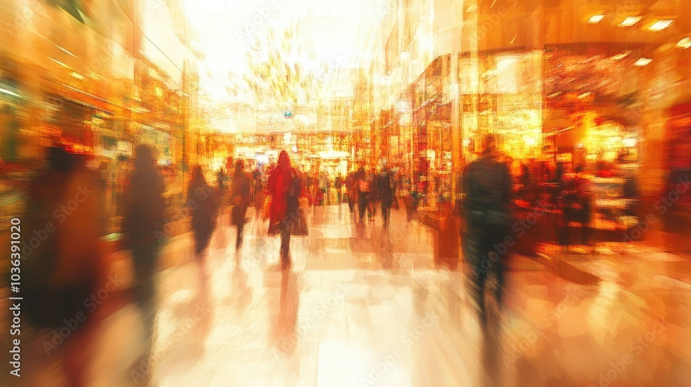 An opulent department store scene with bright, warm tones and blurred figures of people browsing and shopping, capturing a high-end atmosphere. An opulent department store scene with bright, warm tones and blurred figures of people browsing and shopping, capturing a high-end atmosphere.