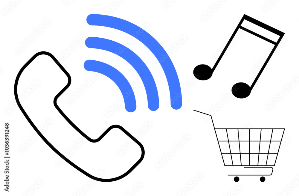 Black phone receiver with blue wireless signal waves, black musical note, and shopping cart. Ideal for communication, music, technology, shopping, wireless connections. Modern flat vector style Black phone receiver with blue wireless signal waves, black musical note, and shopping cart. Ideal for communication, music, technology, shopping, wireless connections. Modern flat vector style