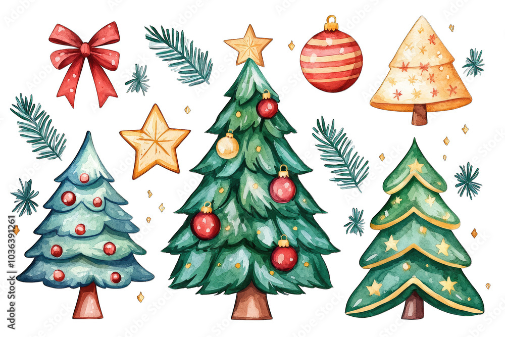 Obraz premium Watercolor Christmas Trees With Ornaments, Stars, and Festive Decor Elements