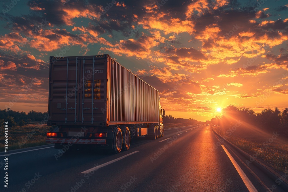 A large truck driving on a highway under a vibrant sunset sky, symbolizing transportation and journey towards a picturesque horizon. A large truck driving on a highway under a vibrant sunset sky, symbolizing transportation and journey towards a picturesque horizon.