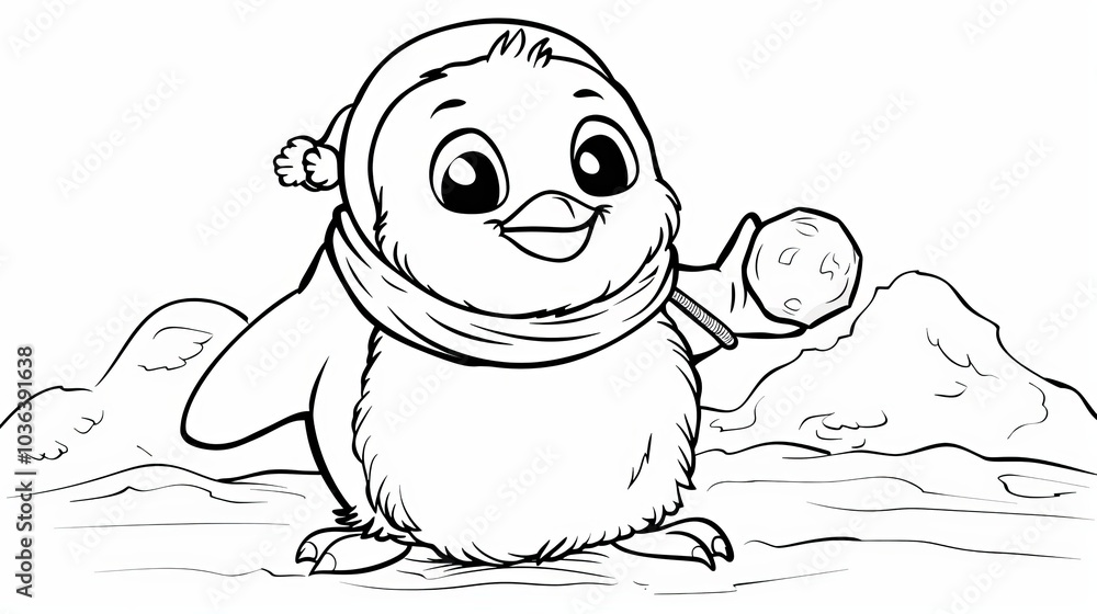 A cute cartoon penguin wearing a hat and scarf holds a snowball in its wing. A cute cartoon penguin wearing a hat and scarf holds a snowball in its wing.