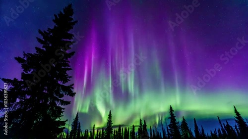 Purple and green aurora Northern lights over tree line