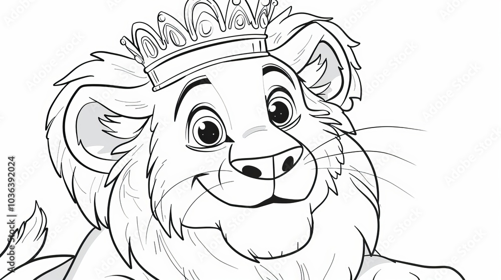 A black and white illustration of a lion cub wearing a crown. The cub looks happy and friendly. A black and white illustration of a lion cub wearing a crown. The cub looks happy and friendly.