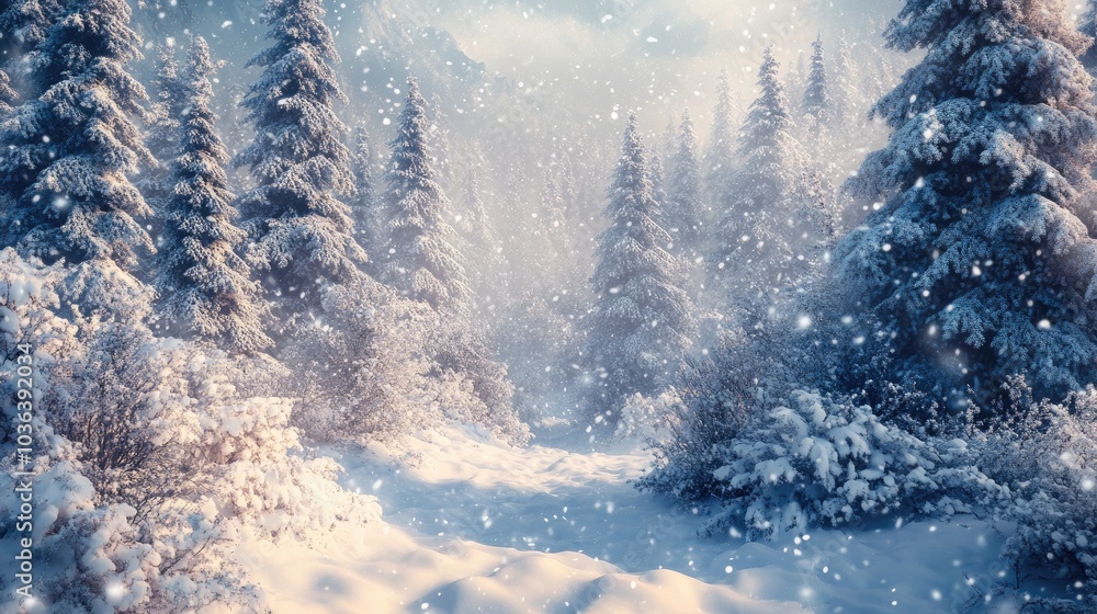 Snowfall in a magical winter forest with snow-covered fir trees and fluffy snowdrifts, creating a serene Merry Christmas and New Year backdrop. Snowfall in a magical winter forest with snow-covered fir trees and fluffy snowdrifts, creating a serene Merry Christmas and New Year backdrop.