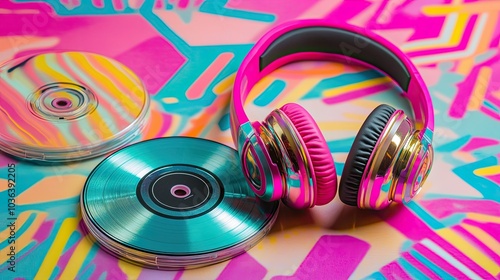 Vintage 90s music CDs and colorful headphones on a bright, patterned surface