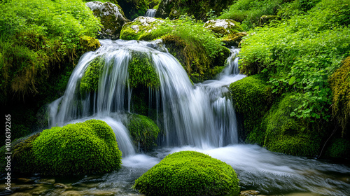 Waterfall Cascading Over Mossy Rocks