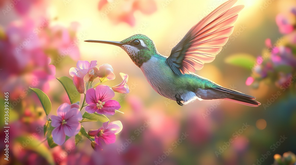 Naklejka premium Radiant 3D Hummingbird with Vibrant Wings Hovering Gracefully Among Soft Pastel Colored Flowers