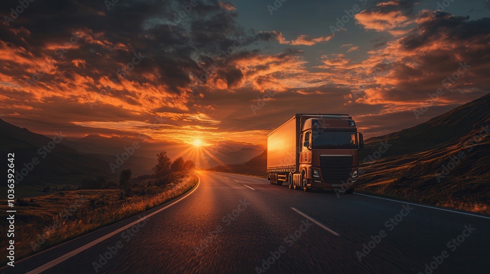 A solitary truck drives along a scenic highway at sunset, surrounded by dramatic skies and mountains, capturing the essence of travel.