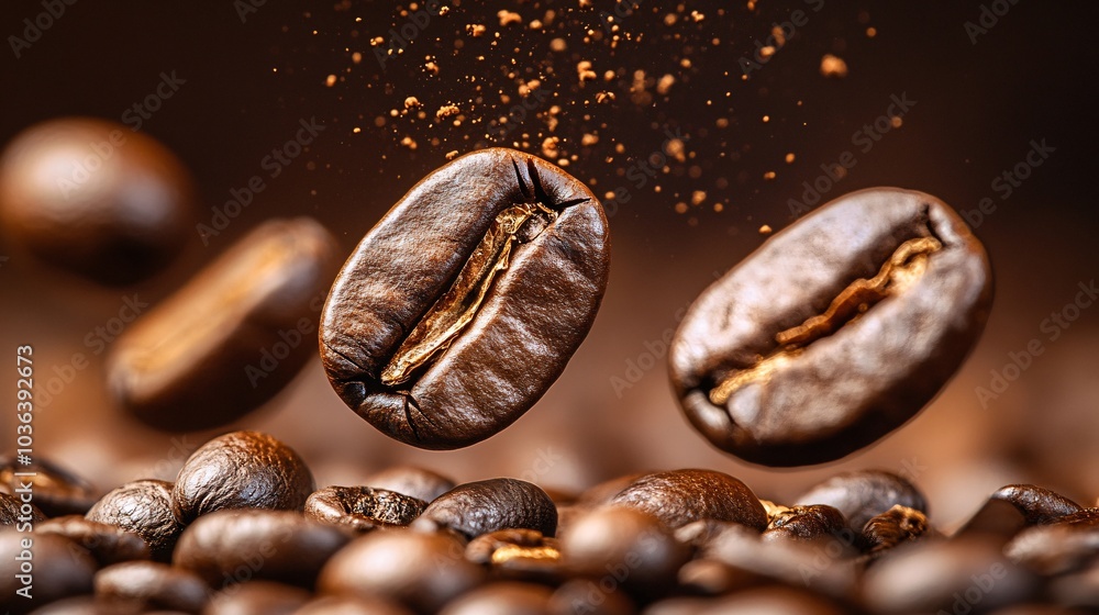 Dynamic Close-Up of Suspended Coffee Beans Dynamic Close-Up of Suspended Coffee Beans