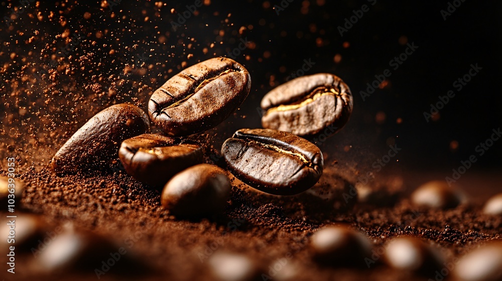 Close-Up of Coffee Beans Gracefully Floating Close-Up of Coffee Beans Gracefully Floating
