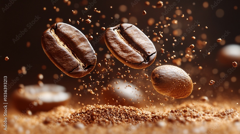 Coffee Beans Suspended in Air with Dynamic Background Coffee Beans Suspended in Air with Dynamic Background