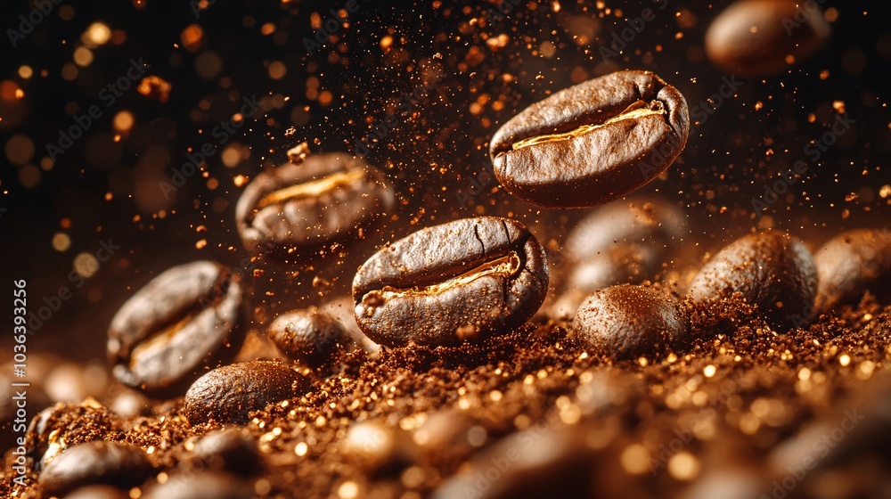 Close-Up of Roasted Coffee Beans Soaring Through Air Close-Up of Roasted Coffee Beans Soaring Through Air
