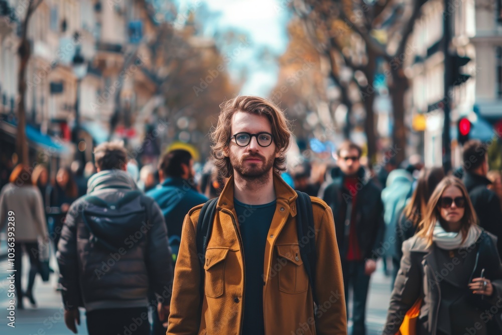 young handsome hipster man with long beard and glasses in the city young handsome hipster man with long beard and glasses in the city