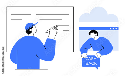 Two individuals are represented in simple modern style. One person writes on a board, while another holds a Cashback sign in front of a browser window Ideal for education, finance, online shopping