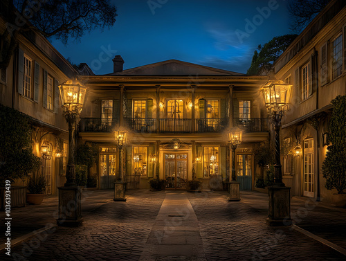 Real Estate - A beautifully lit courtyard of a historic mansion at dusk. photo