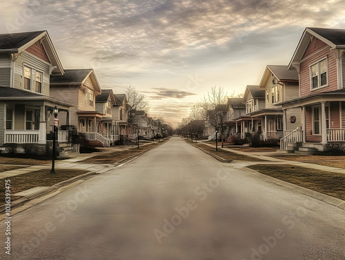 Real Estate - A serene suburban street lined with houses under a cloudy sky at dusk.