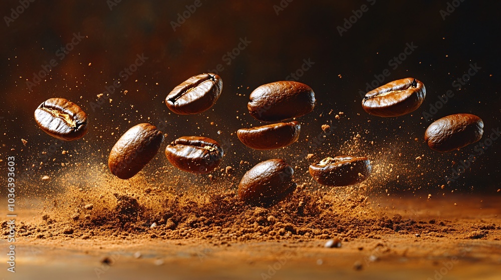 Coffee Beans in Mid Air with Soft Lighting Coffee Beans in Mid Air with Soft Lighting